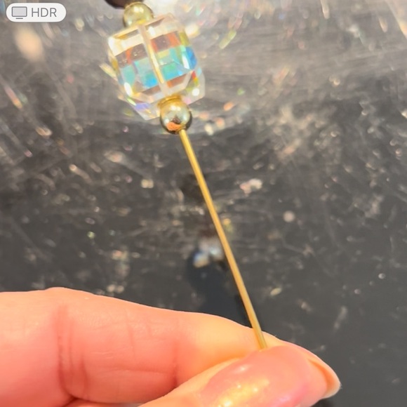 Vintage Aurora Borealis Hat Pin – Faceted Crystal Stickpin, 4” - Picture 8 of 11
